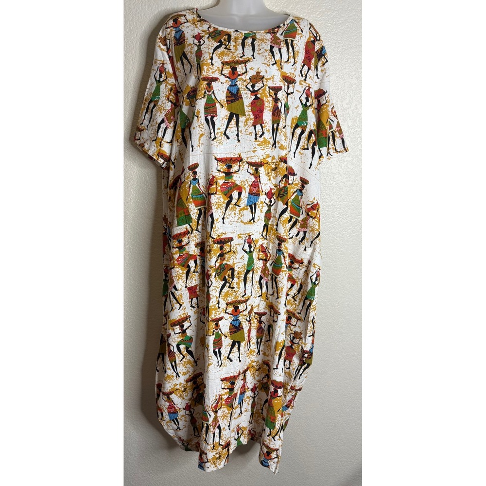 Zanzea 5XL Maxi Dress Cream African Tribal Print Cotton Short Sleeve Pockets